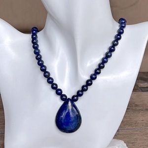 Genuine Lapis Lazuli Stunning Blue Drop Pendant Beaded Necklace